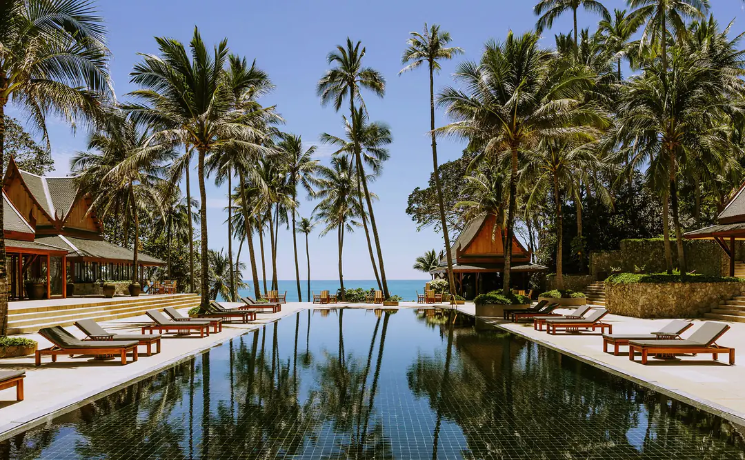 Long dark-tiled pool lined with teak loungers and tall coconut palms, with the sea at the far end