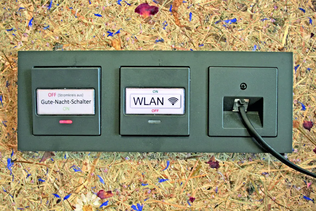 Wall panel in a guest room with a good-night switch that cuts the circuit and a Wi-Fi on/off switch